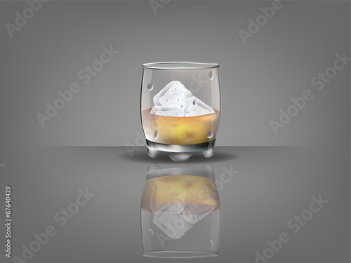 realistic beautiful whiskey glass with ice cubes and whiskey vector