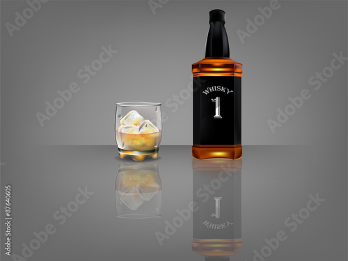 realistic beautiful whiskey bottle with beautiful glass of whiskey and ice  on dark background