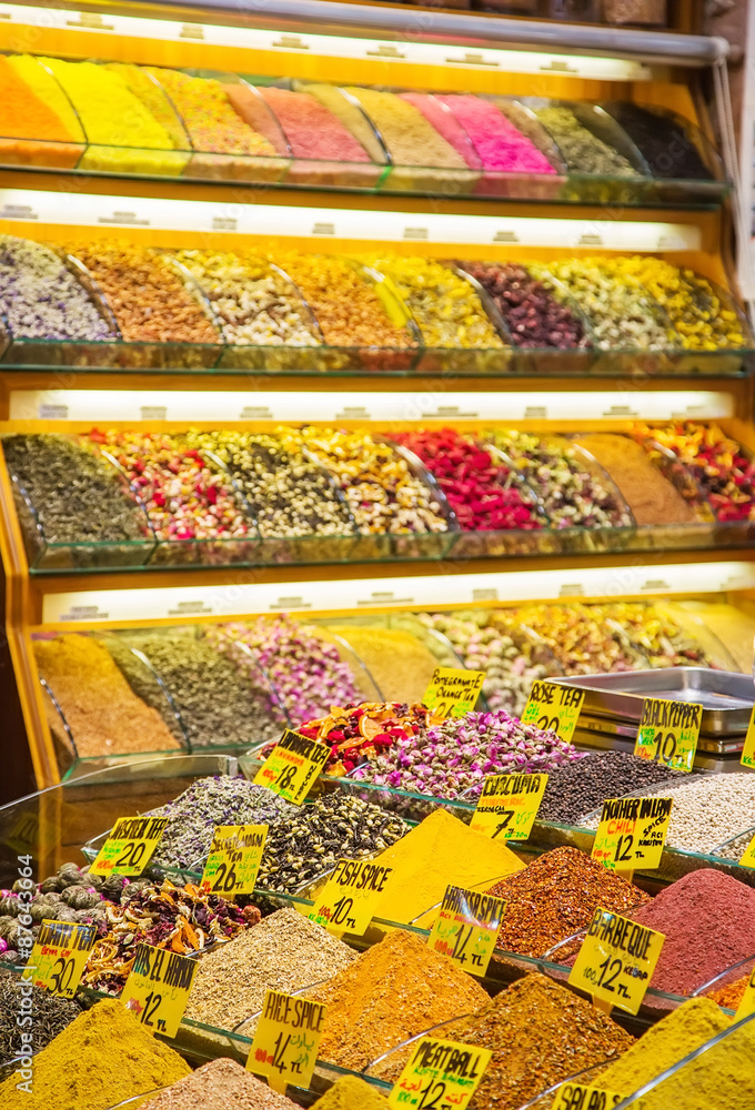 Show-window with various fruit and herbal tea and spices, the Grand Bazaar, Istanbul