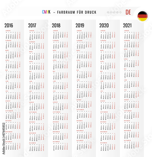 Calendar 2016 2017 2018 2019 2020 2021 vector Set in German.  Week starts at Monday