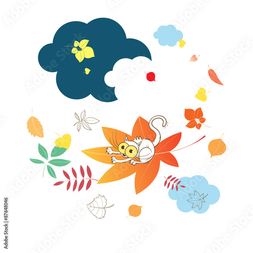 Card with an autumn leaf fall. Carries away a little white cartoon kitten a wind on a maple leaf.
