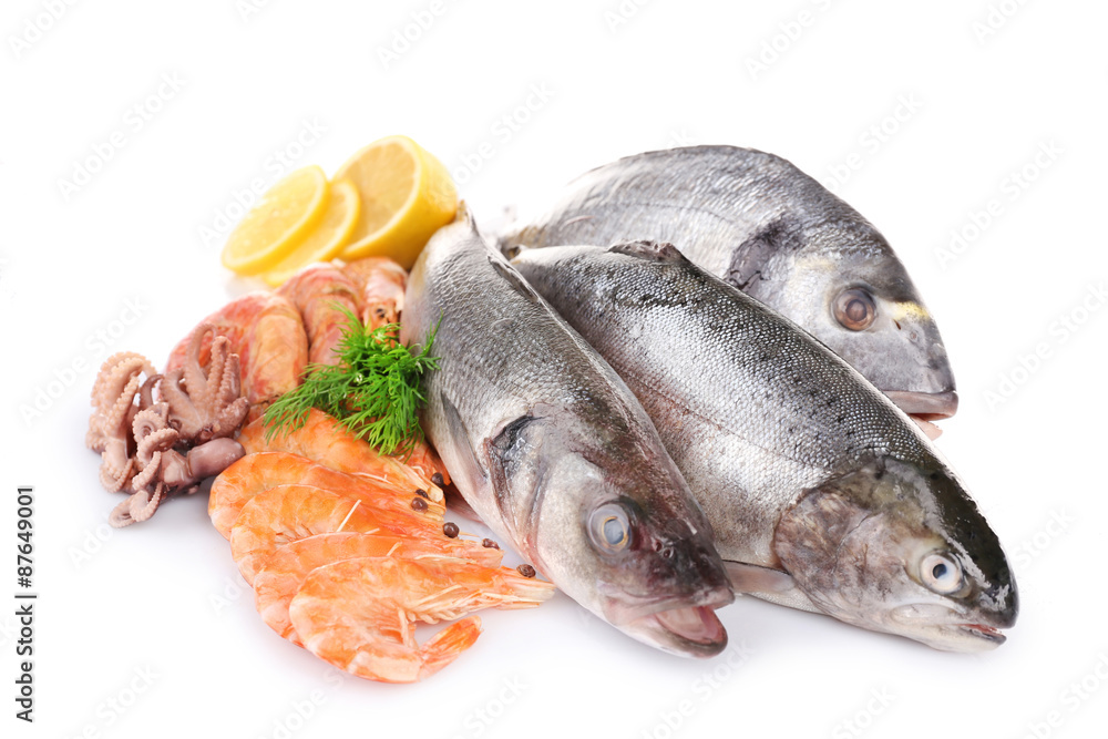 Seafood collection isolated on white Seafood collection isolated on white