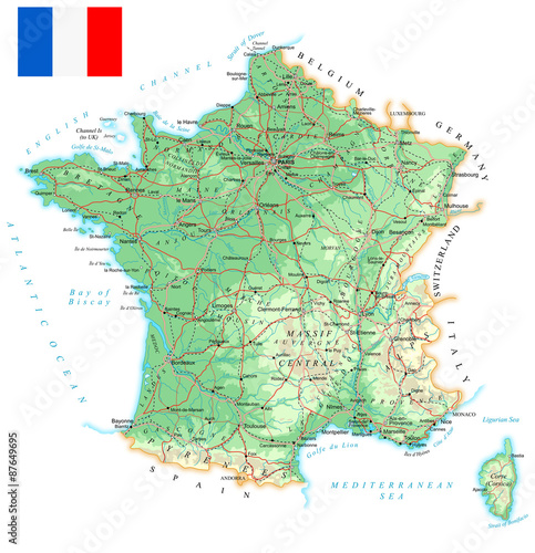 France - detailed topographic map - illustration. Map contains topographic contours, country and land names, cities, water objects, flag, roads, railways.
