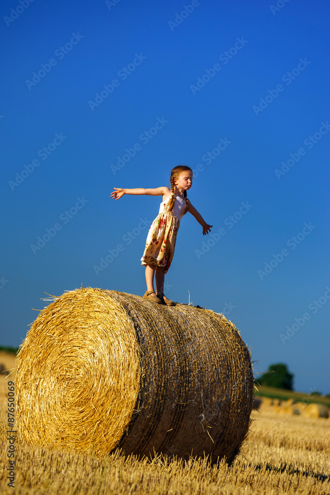 Funny cute little girl posing on the haystack in summer field Funny cute little girl posing on the haystack in summer field