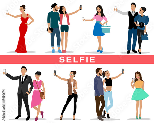 Set of young people and fashion couples making selfie