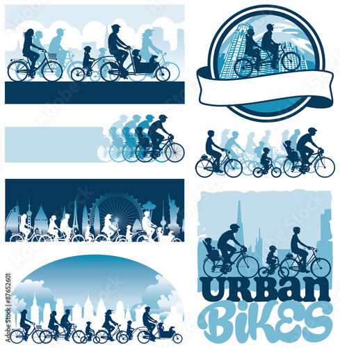 Urban cyclists editable vector silhouettes labels
