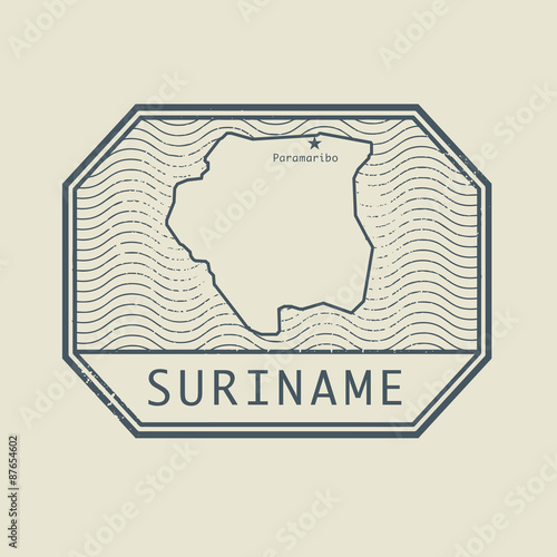 Stamp with the name and map of Suriname