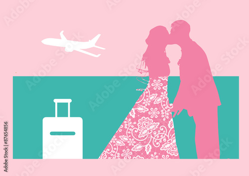 Silhouettes of bride and groom on romantic honeymoon