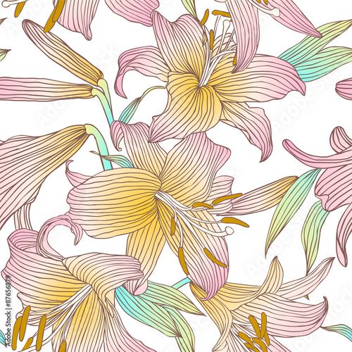 Fototapeta Naklejka Na Ścianę i Meble -  Seamless vector floral pattern. Pink royal lilies flowers on a white background.