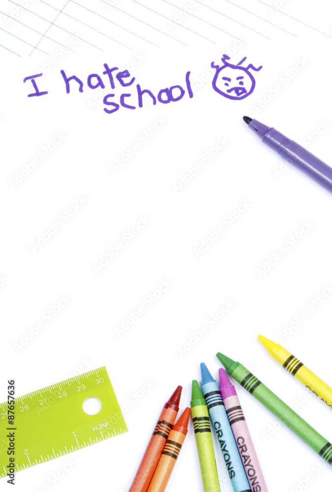 I Hate School Education Background – A background of crayons, a ruler, and writing that says I Hate School. I Hate School Education Background – A background of crayons, a ruler, and writing that says I Hate School.