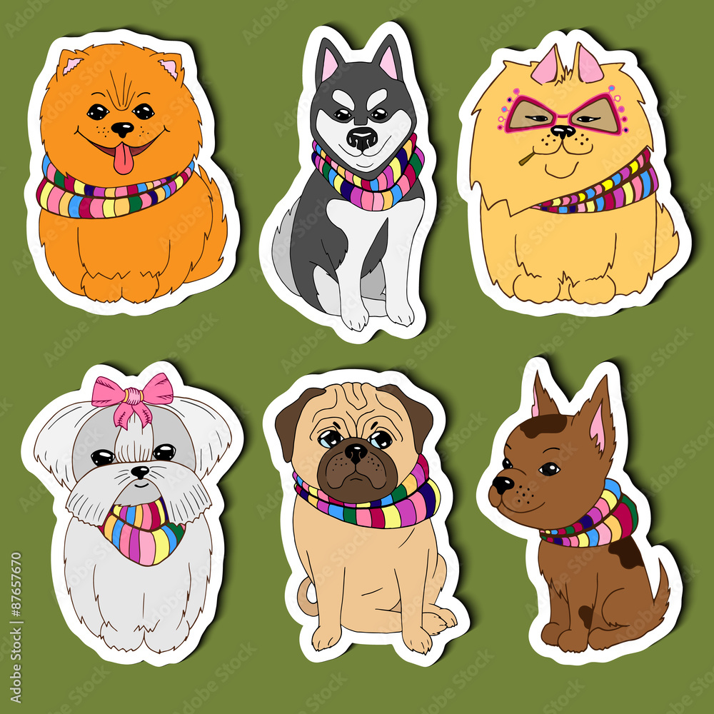 Set cartoon stickers Dogs for kids. Hand drawn colorful Vector. Stock Vector Adobe Stock