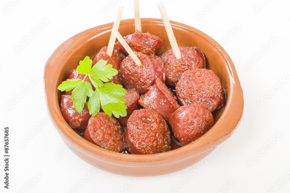 Chorizo a la Sidra - Spanish spicy chorizo sausages cooked in cider.
Chorizo a la Sidra - Spanish spicy chorizo sausages cooked in cider.