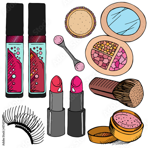 Vector Hand Drawn Colorful Cosmetic set: lip gloss, powder, lips
