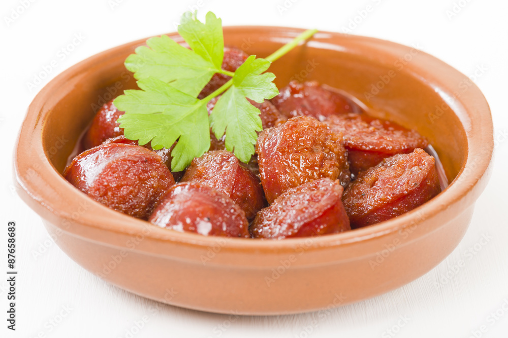 Chorizo a la Sidra Spanish spicy chorizo sausages cooked in cider. 87658683 Do Kuchni