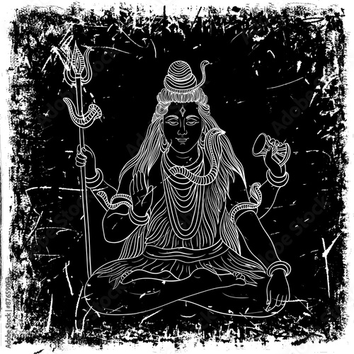 Vintage poster with sitting Indian god Shiva on the grunge background. Retro hand drawn vector illustration