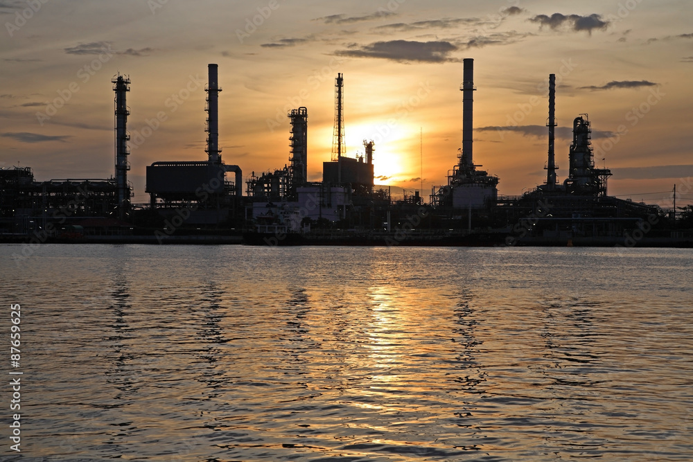Silhouette of Oil Refinery at sunrise in Bangkok