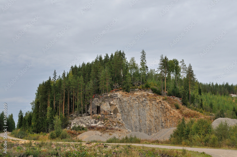 Forest cliff/ Cliff with a pine tree forest on the top, Puumala, Finland