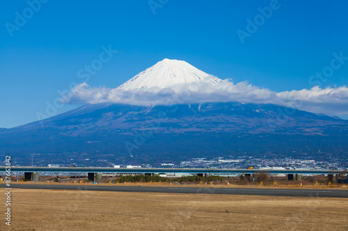 Mountain Fuji and railway in winter season from Shizuoka prefecture