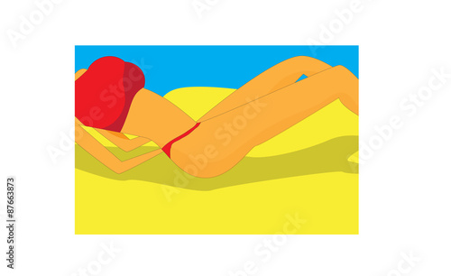 Woman in bikini lounging on sandy beach.