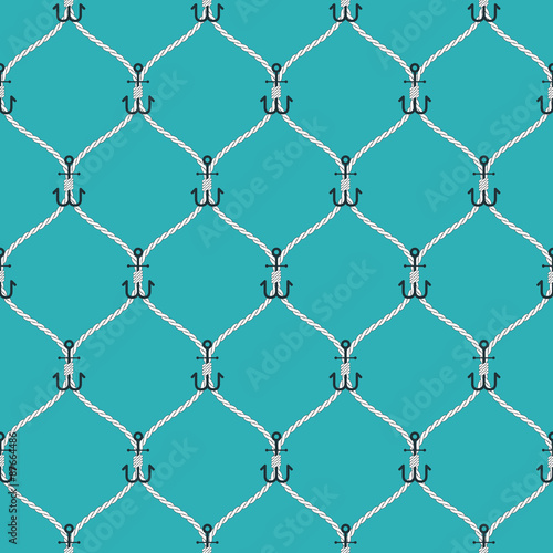 Nautical rope and big anchors seamless fishnet pattern