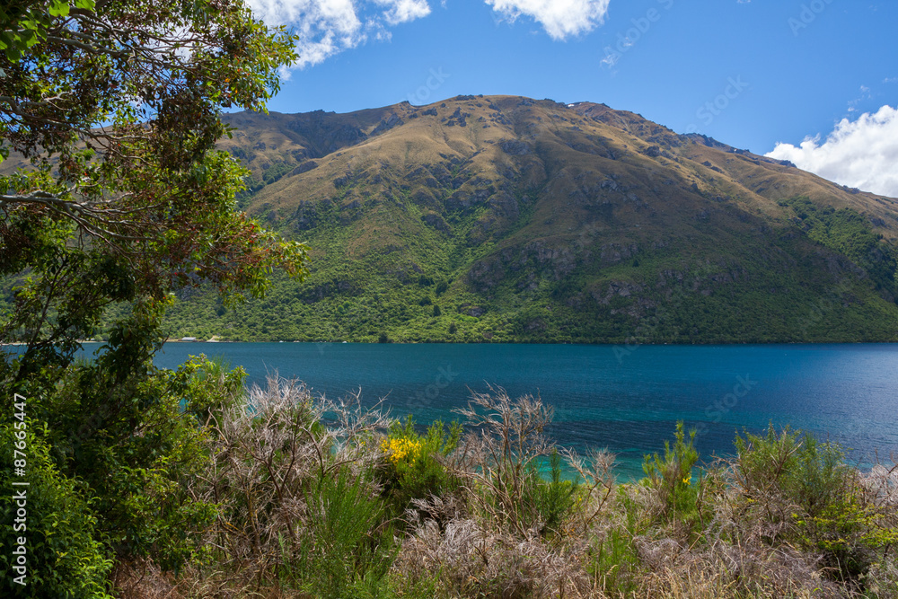 Scenic view of Lake Wakatipu with mountains in the background, Otago, New Zealand.