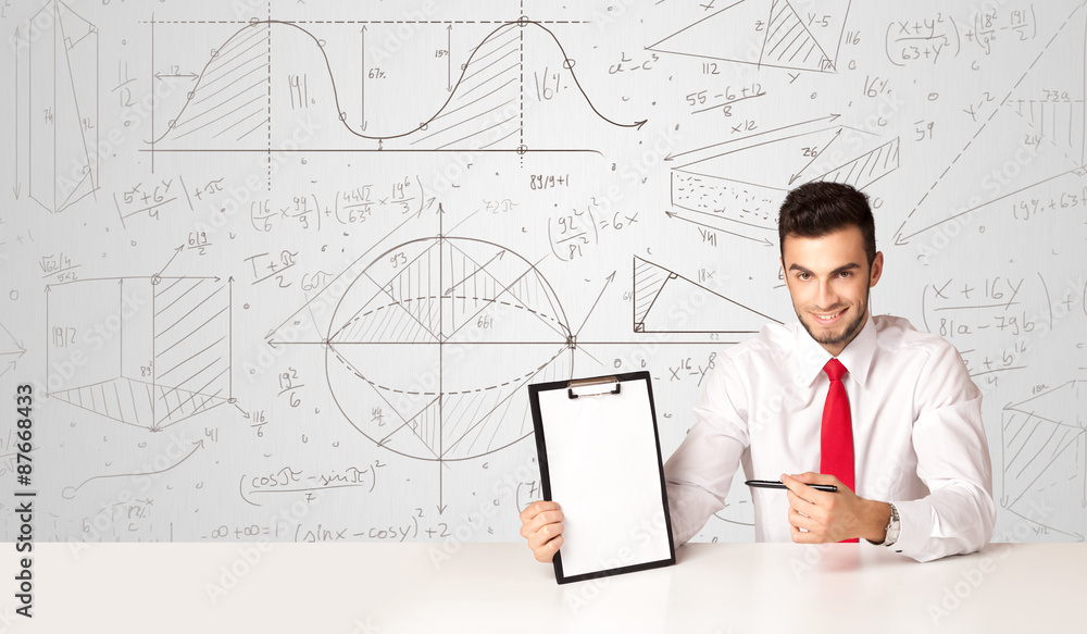 Businessman with business calculations background Businessman with business calculations background