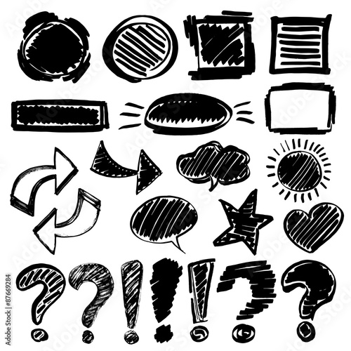Vector marker line objects set: circle, square, stroke, arrows, etc. Black graphic objects.