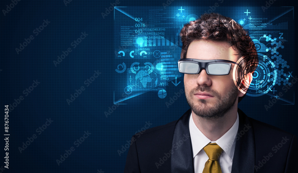 Young man looking with futuristic smart high tech glasses Young man looking with futuristic smart high tech glasses
