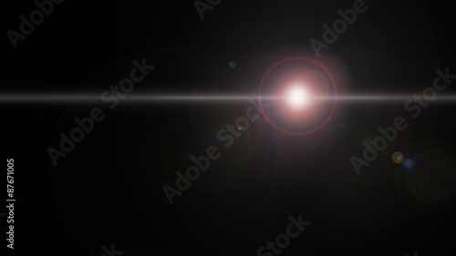 Lens flare with pink, red and white coloring on black background. Digitally created light beam effect for web use, wallpapers and backgrounds. 