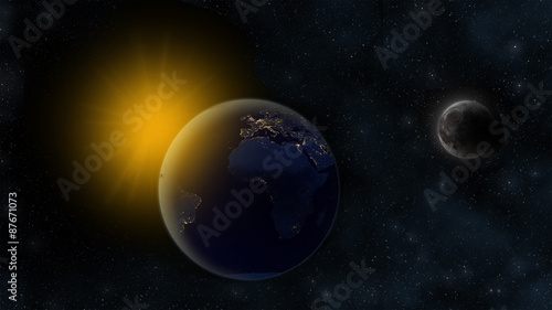 Night on planet Earth, Sun in the distant background and orbiting Moon with craters. Cosmic scene with stars. Africa, Europe and South America visible - Elements of this Image Furnished By NASA