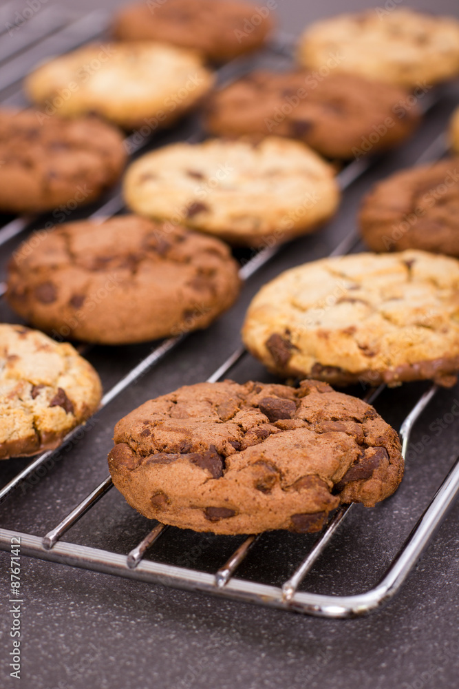 Fresh chocolate chip cookies on the cooling rack Fresh chocolate chip cookies on the cooling rack