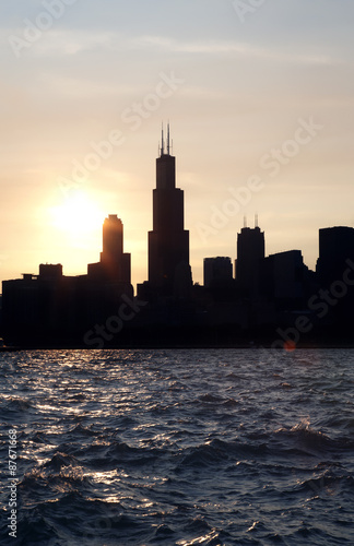 Chicago city downtown urban skyline at dusk on the Sunset