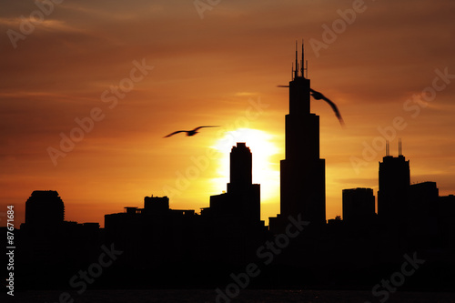 Chicago city downtown urban skyline at dusk on the Sunset