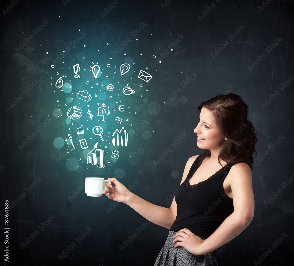 Businesswoman holding a white cup with business icons Businesswoman holding a white cup with business icons
