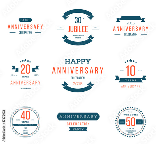 Vector set of anniversary signs, symbols. 10, 20, 30, 40, 50 years jubilee design elements collection.