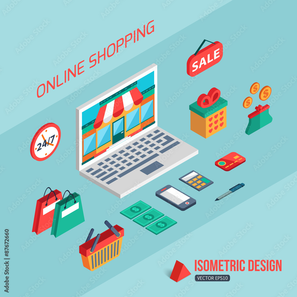 E-commerce and online shopping. Flat 3d isometric design E-commerce and online shopping. Flat 3d isometric design