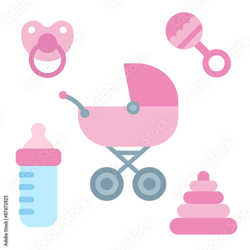 Cute cartoon newborn baby items in girly pink color: stroller, pacifier, milk bottle and toys. Baby shower design elements. Flat vector style.