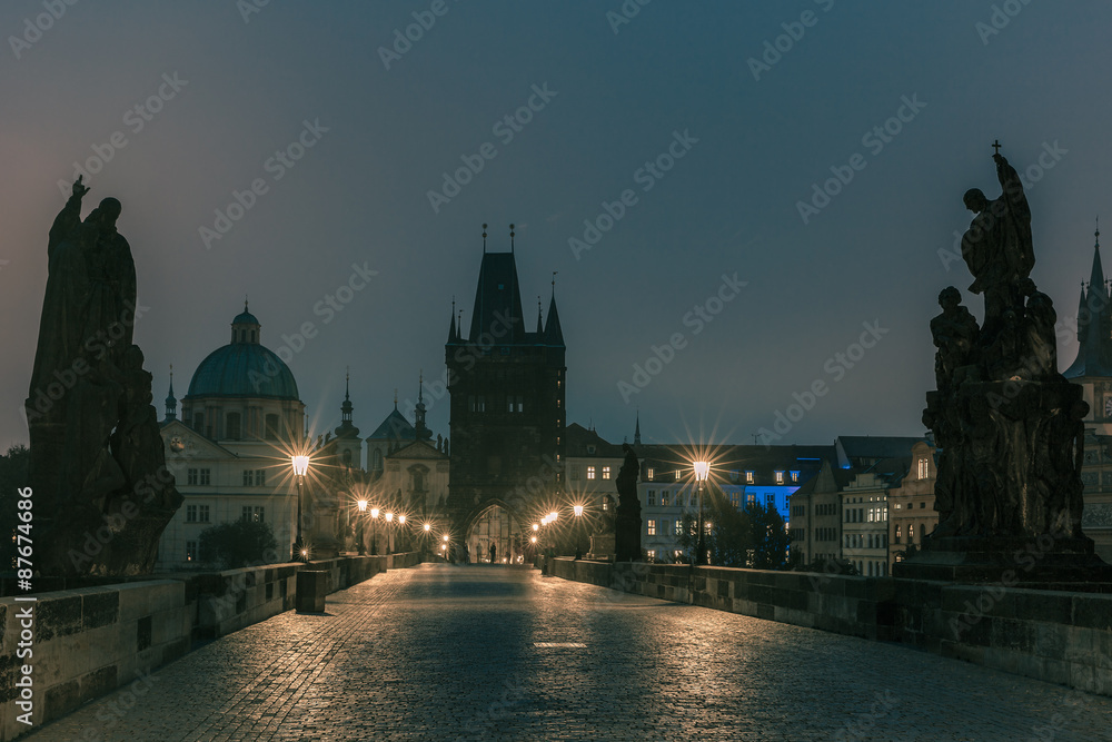 Fototapeta premium Charles Bridge in Prague, Czech Republic, at night lighting