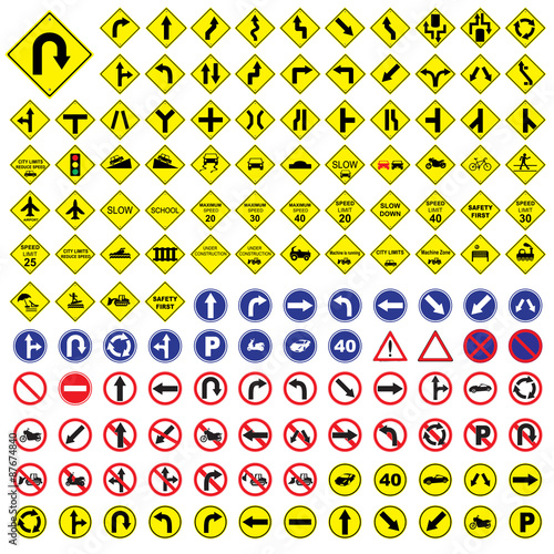 traffic sign yellow red blue road sign set  vector Illustration