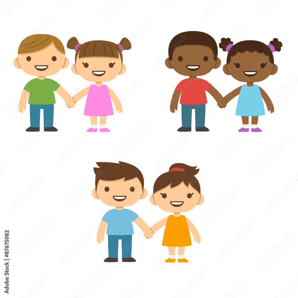 Three pairs of cute cartoon children smiling and holding hands: older boys and smaller girls. Caucasian and African American. Three pairs of cute cartoon children smiling and holding hands: older boys and smaller girls. Caucasian and African American.
