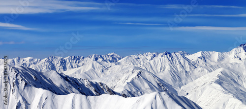 Panorama of winter mountains in nice day. Caucasus Mountains, Ge