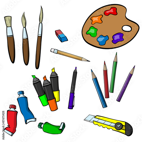 Set of varied items for drawing - pencils, eraser, stationery knife, markers, brushes, paints and palette. Shown on a white background. Vector graphics.

