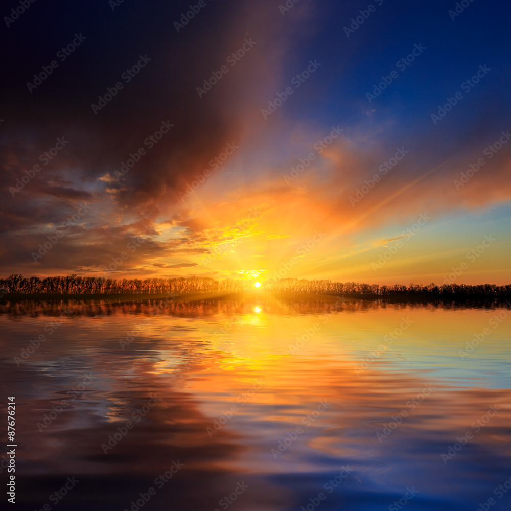 sunset scene over lake water surface