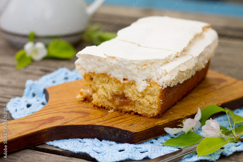 Delicious homemade cake with meringue and tea Delicious homemade cake with meringue and tea
