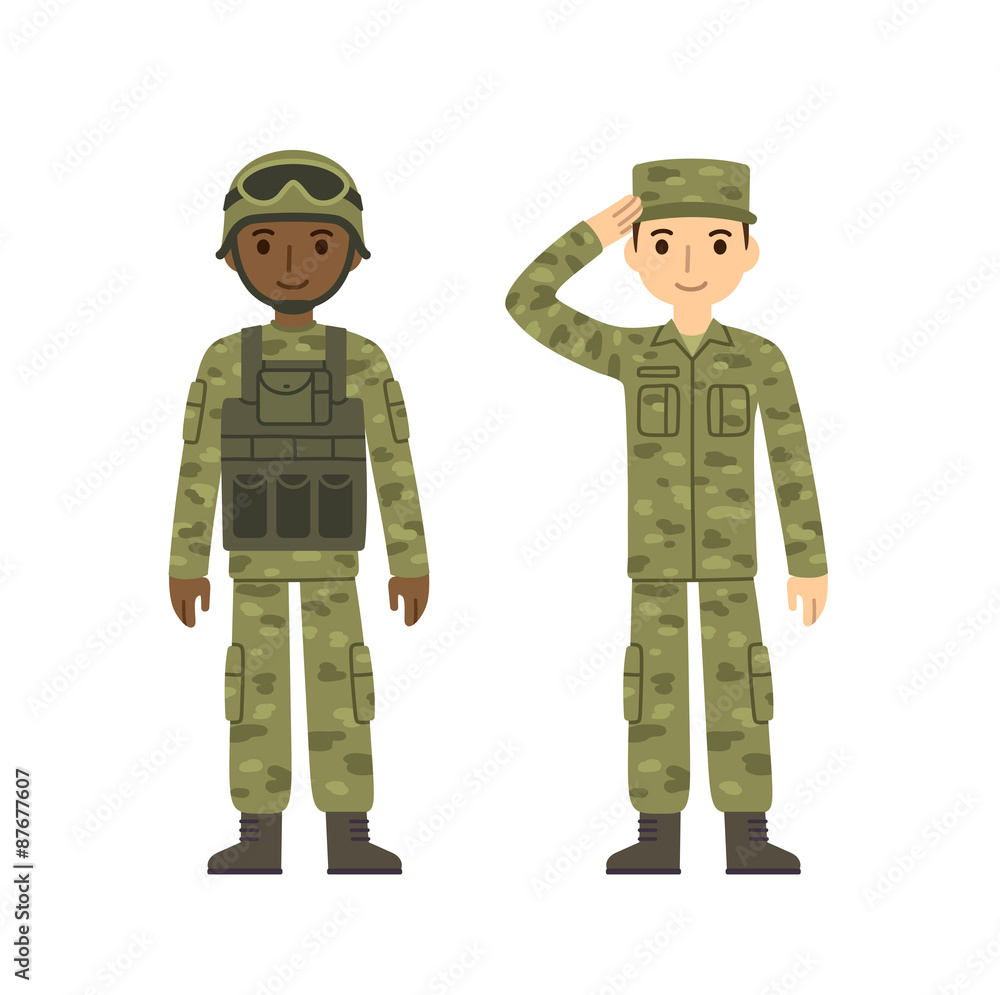 Two young soldiers, caucasian and african american, in two kinds of camouflage combat uniform. Cute flat cartoon style. Isolated on white background. Two young soldiers, caucasian and african american, in two kinds of camouflage combat uniform. Cute flat cartoon style. Isolated on white background.
