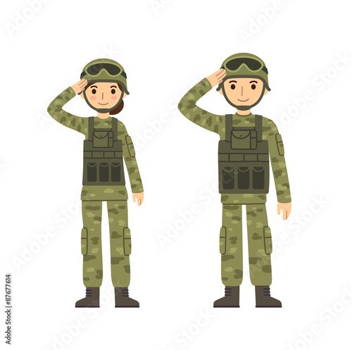 Two young soldiers, man and woman, in camouflage combat uniform saluting. Cute flat cartoon style. Isolated on white background.