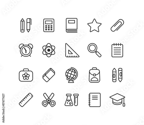 Set of school and education vector line icons: stationery, learning and science symbols and various school supplies.