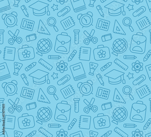 Seamless pattern of school and education related symbols: stationery, learning and science metaphors and various school supplies.