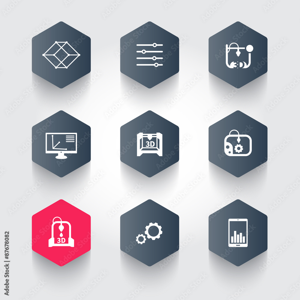 3d printer, printing, modeling, additive manufacturing, hexagon icons, vector illustration, eps10 3d printer, printing, modeling, additive manufacturing, hexagon icons, vector illustration, eps10
