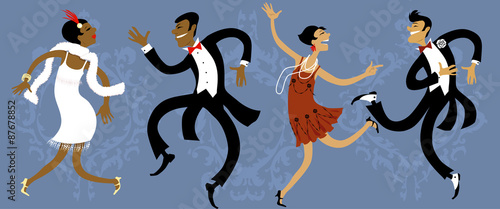 Two couples dressed in 1920s style dancing the Charleston, vector illustration, EPS 8